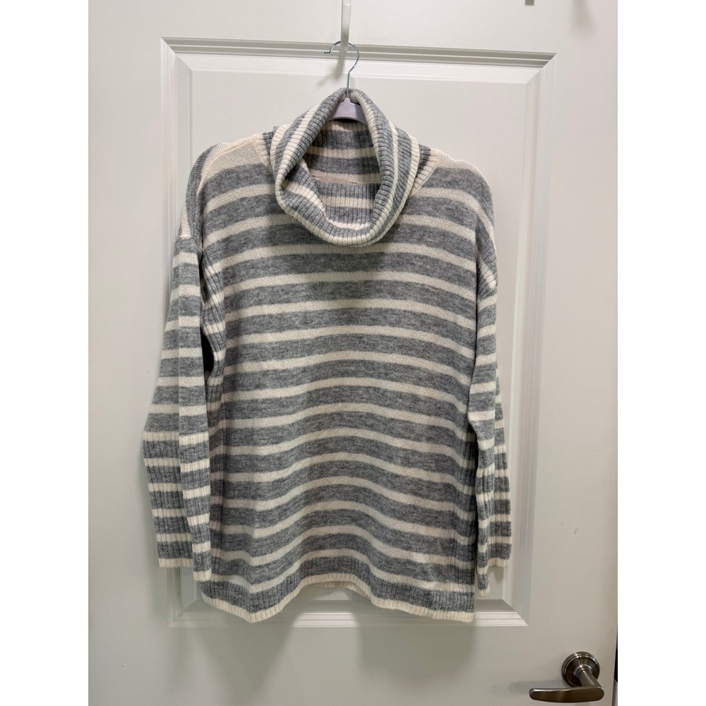 Loft Womens Grey Cream Striped Cowl Neck Relaxed Knit Sweater Size M